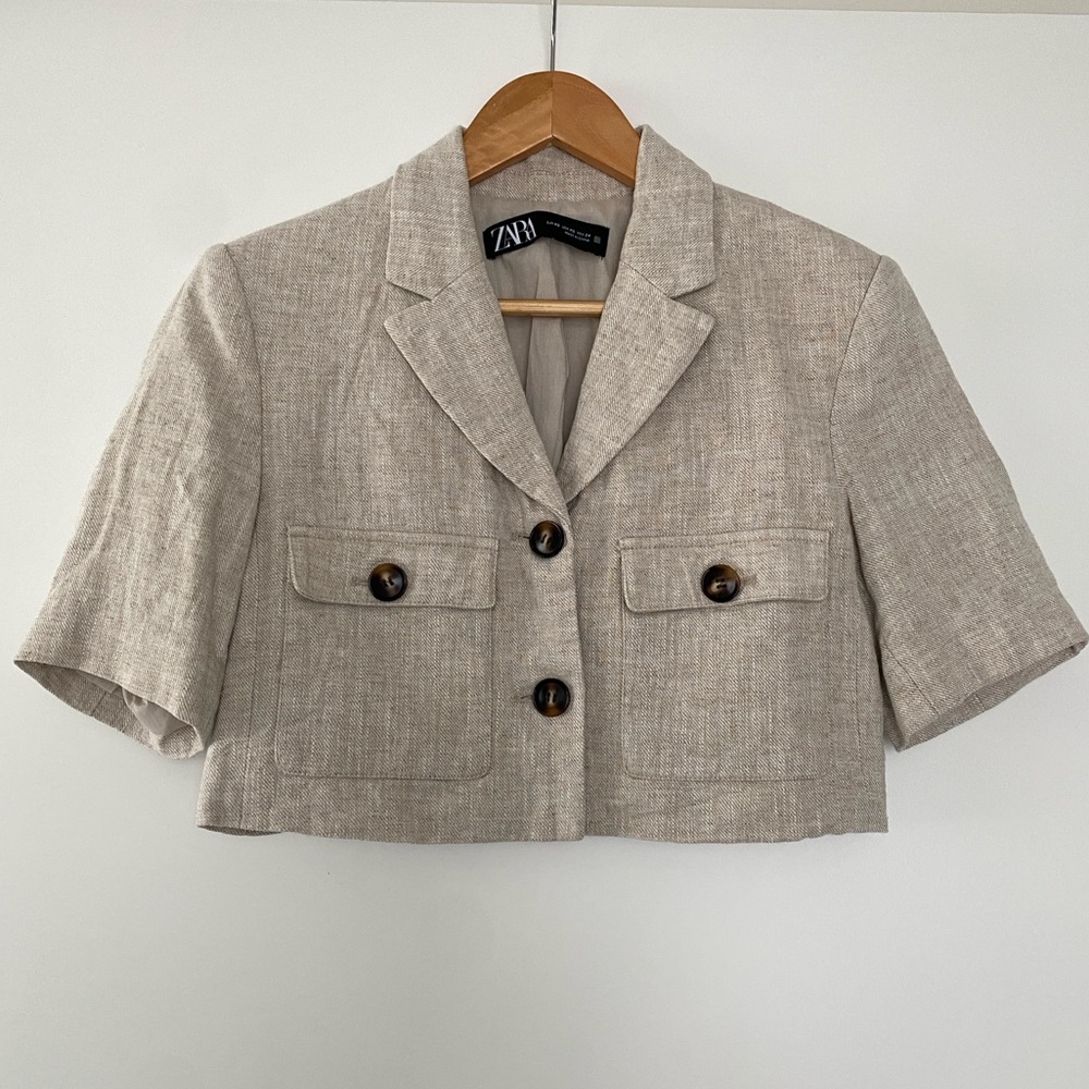 Zara Women's Beige Cropped Blazer Linen Blend